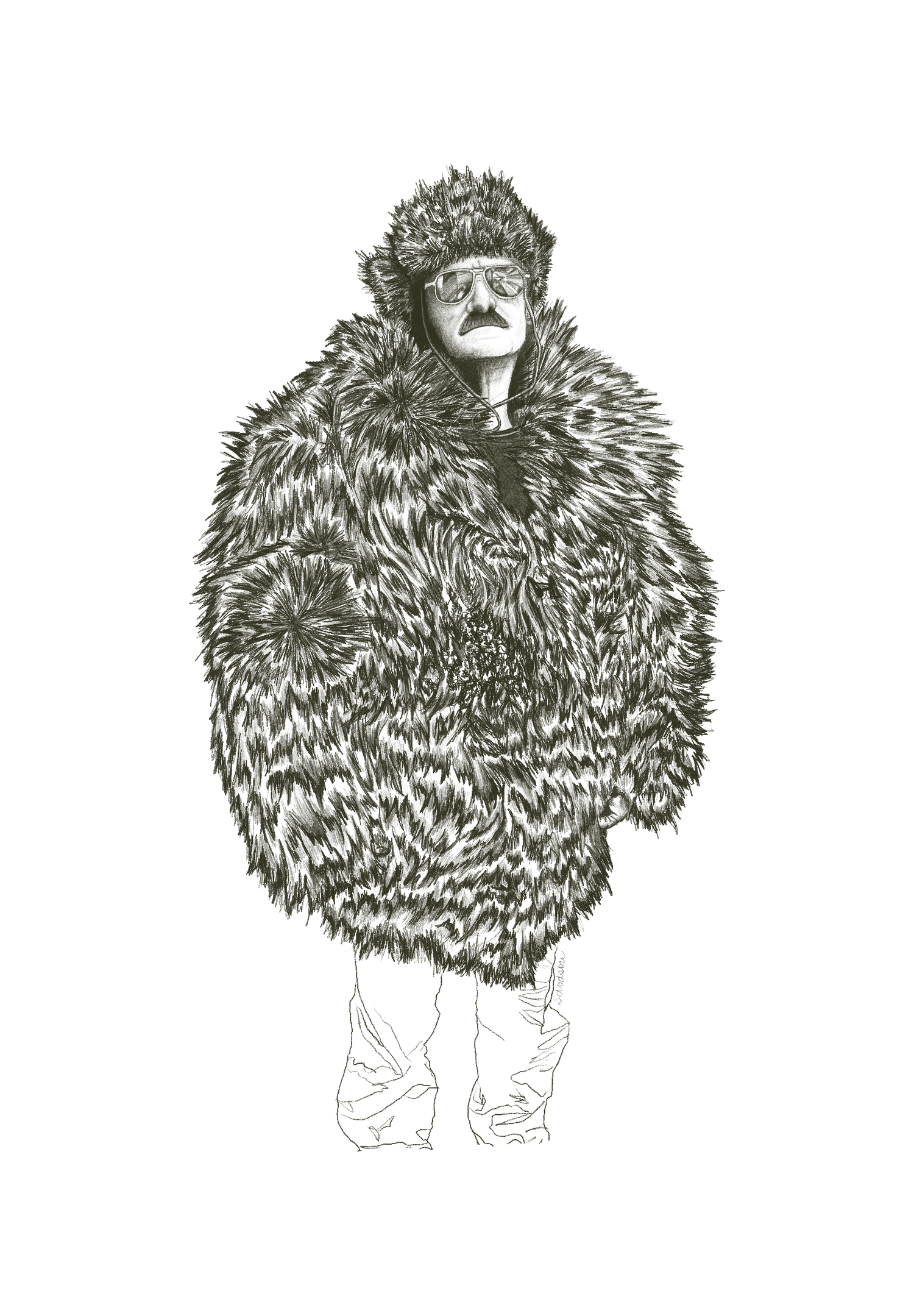 Drawing of Larry wearing his bear coat, coonskin cap, and shades.