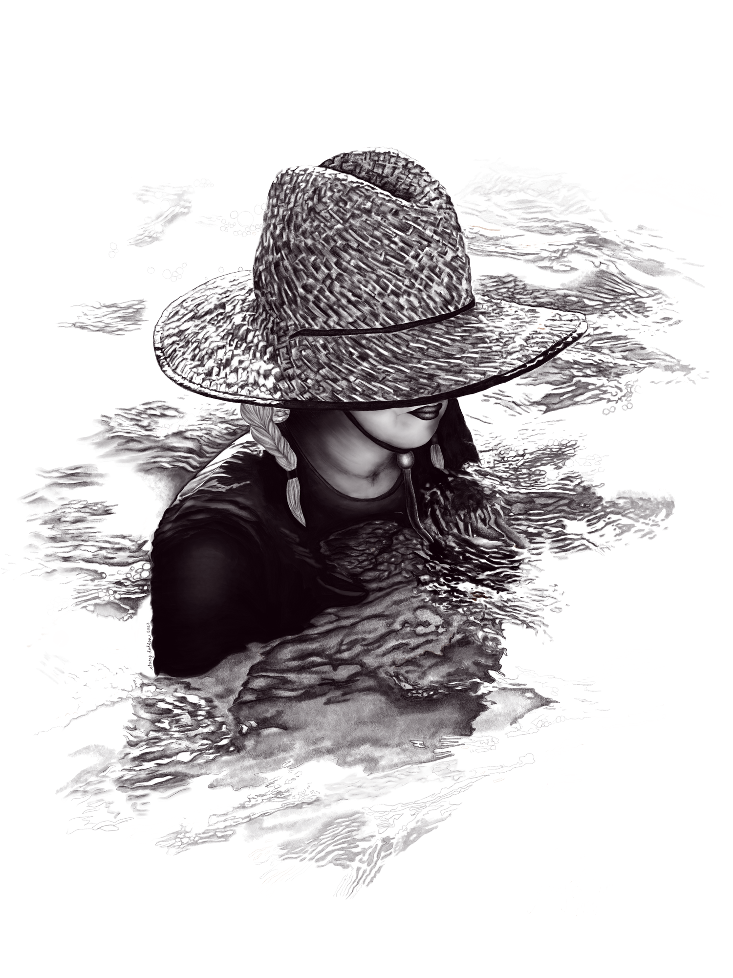 Drawing of Lulu wearing her straw hat in the pool