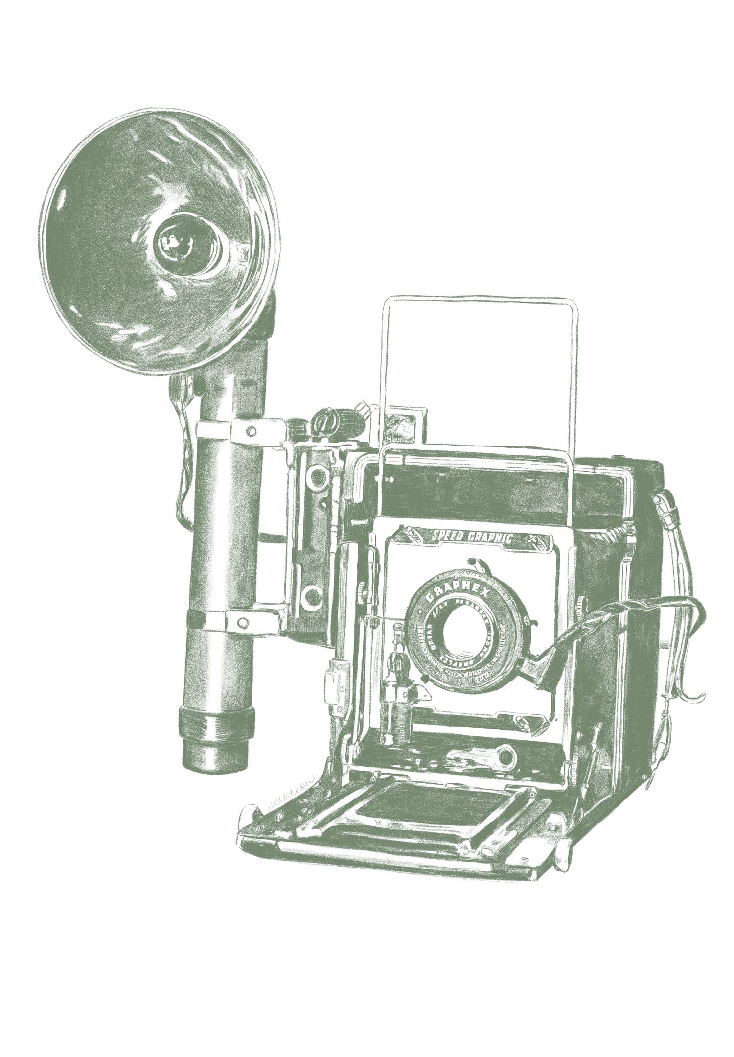 Drawing of an old camera with a flash.