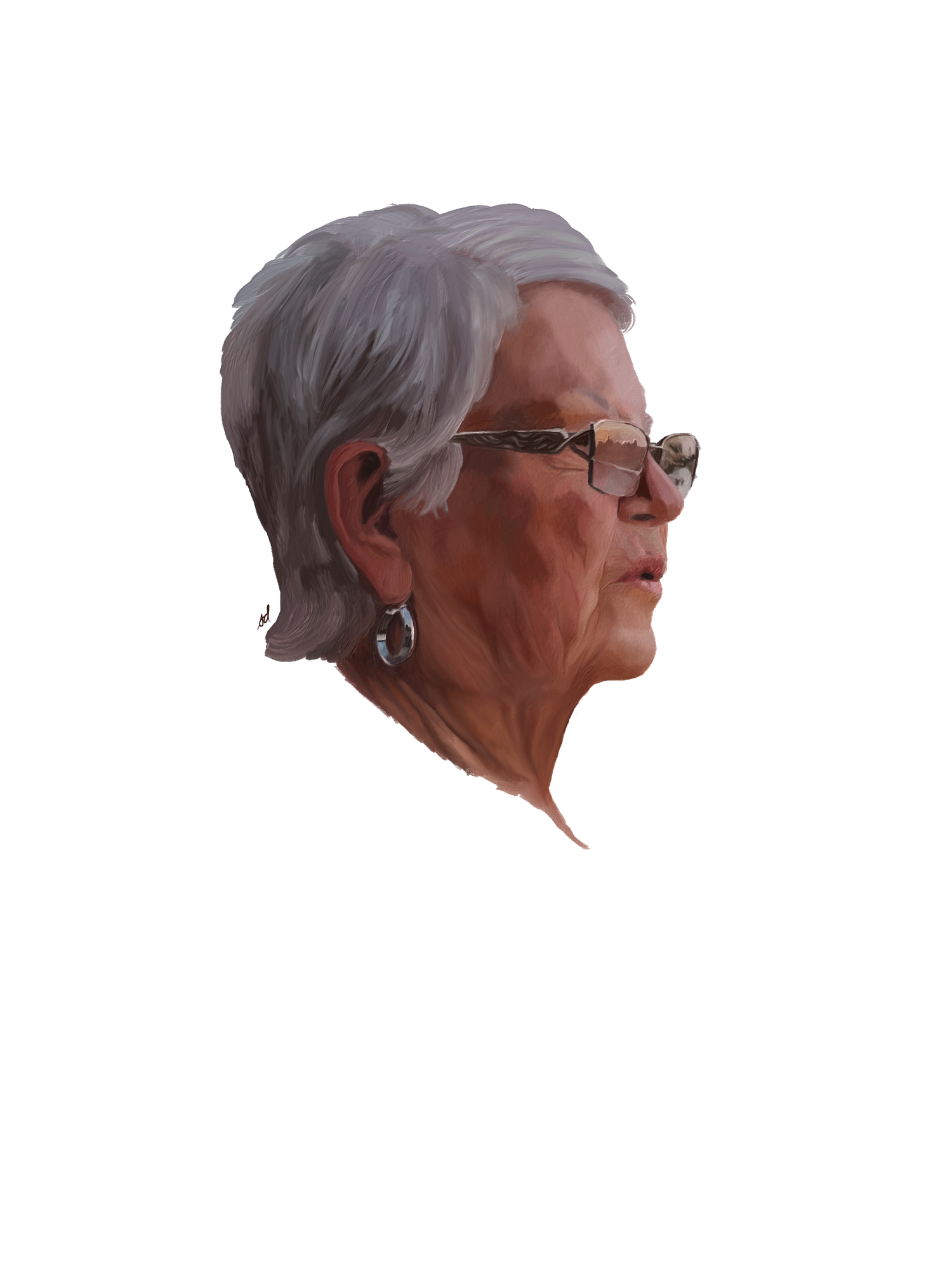 Digital painting of a profile of a mature woman with short grey hair wearing glasses.