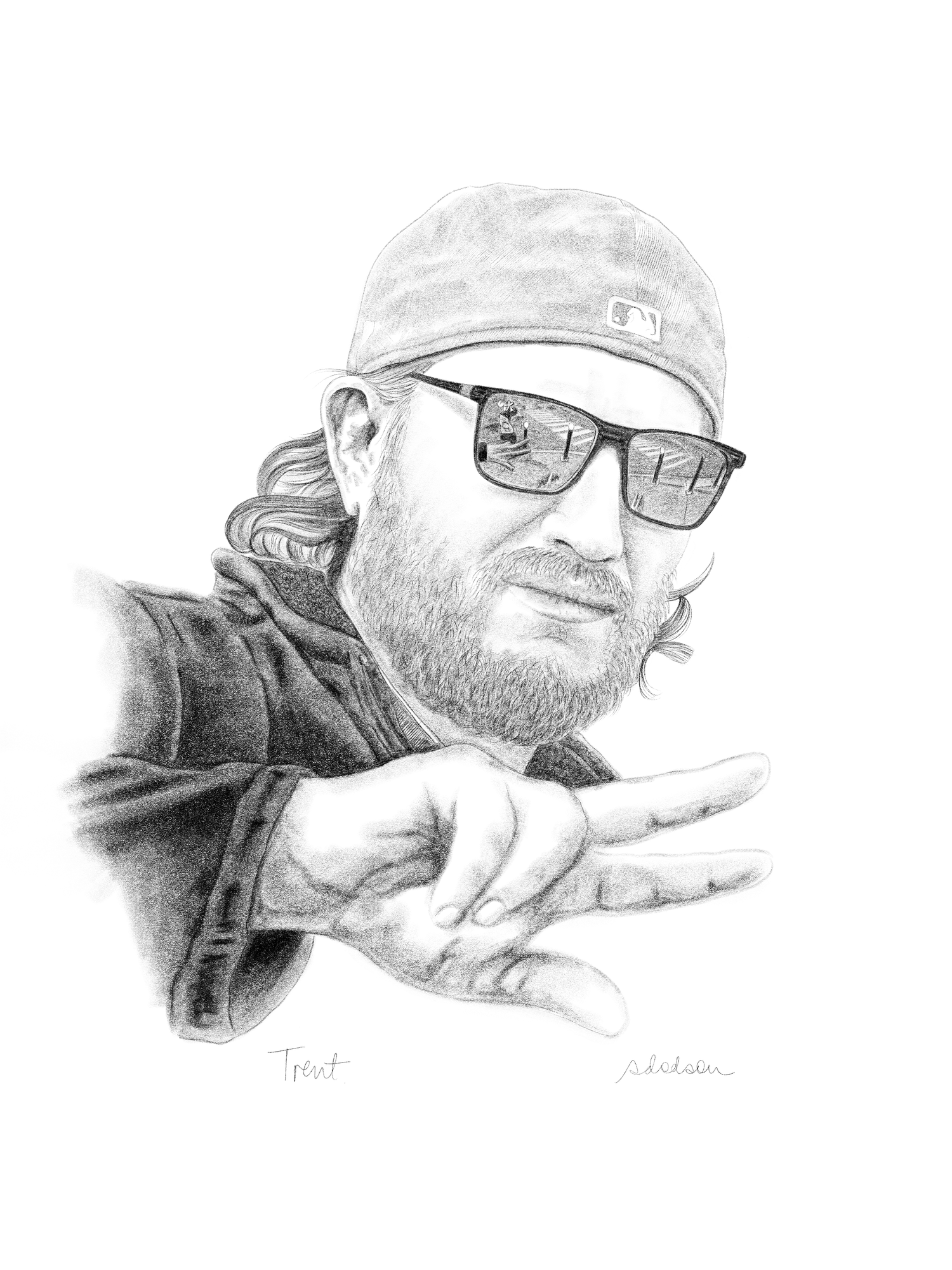 Digital drawing of a man wearing a backwards cap and sunglasses while giving a peace sign