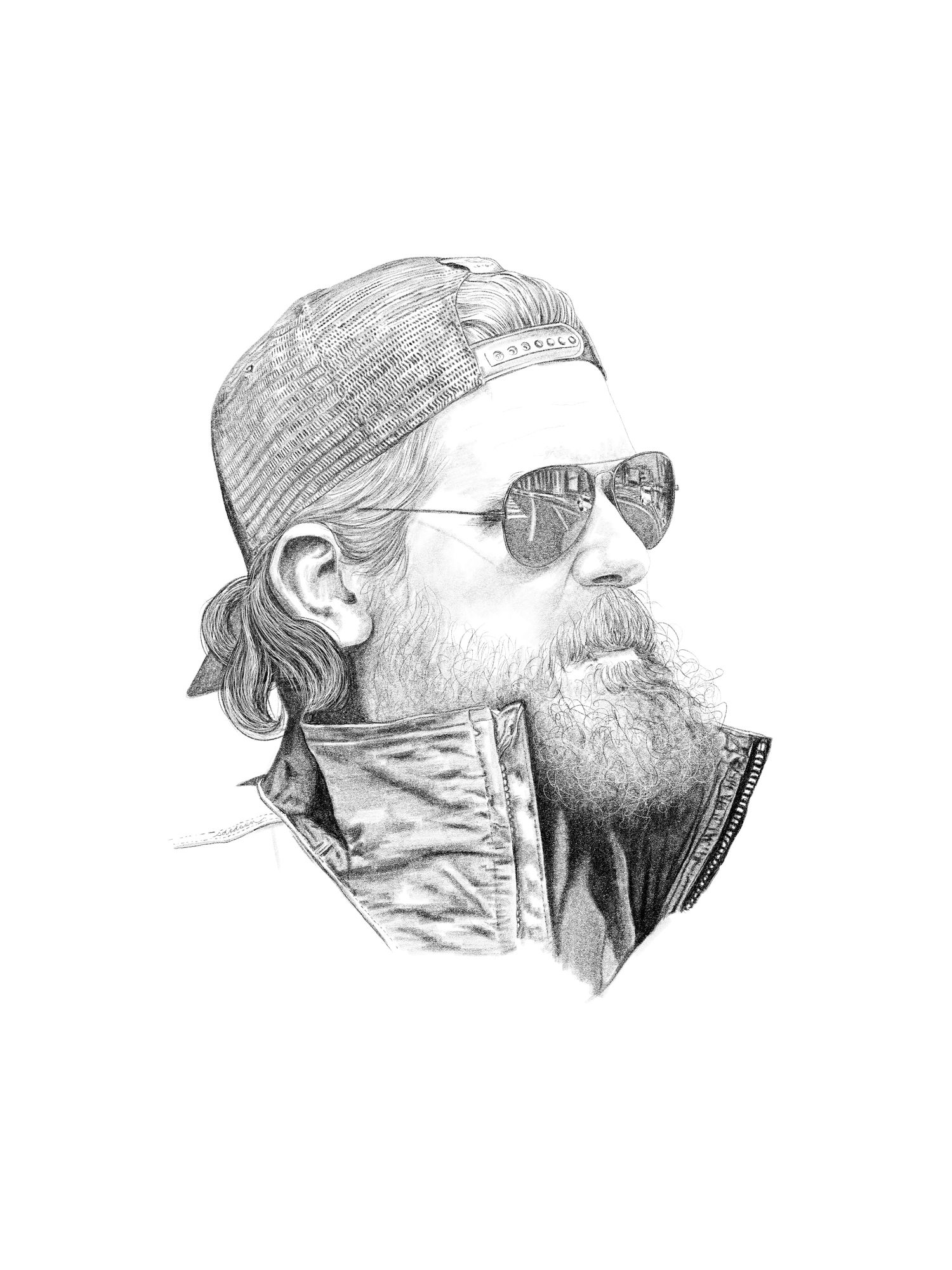 Digital drawing of a man wearing a backwards cap and sunglasses while looking away from the viewer