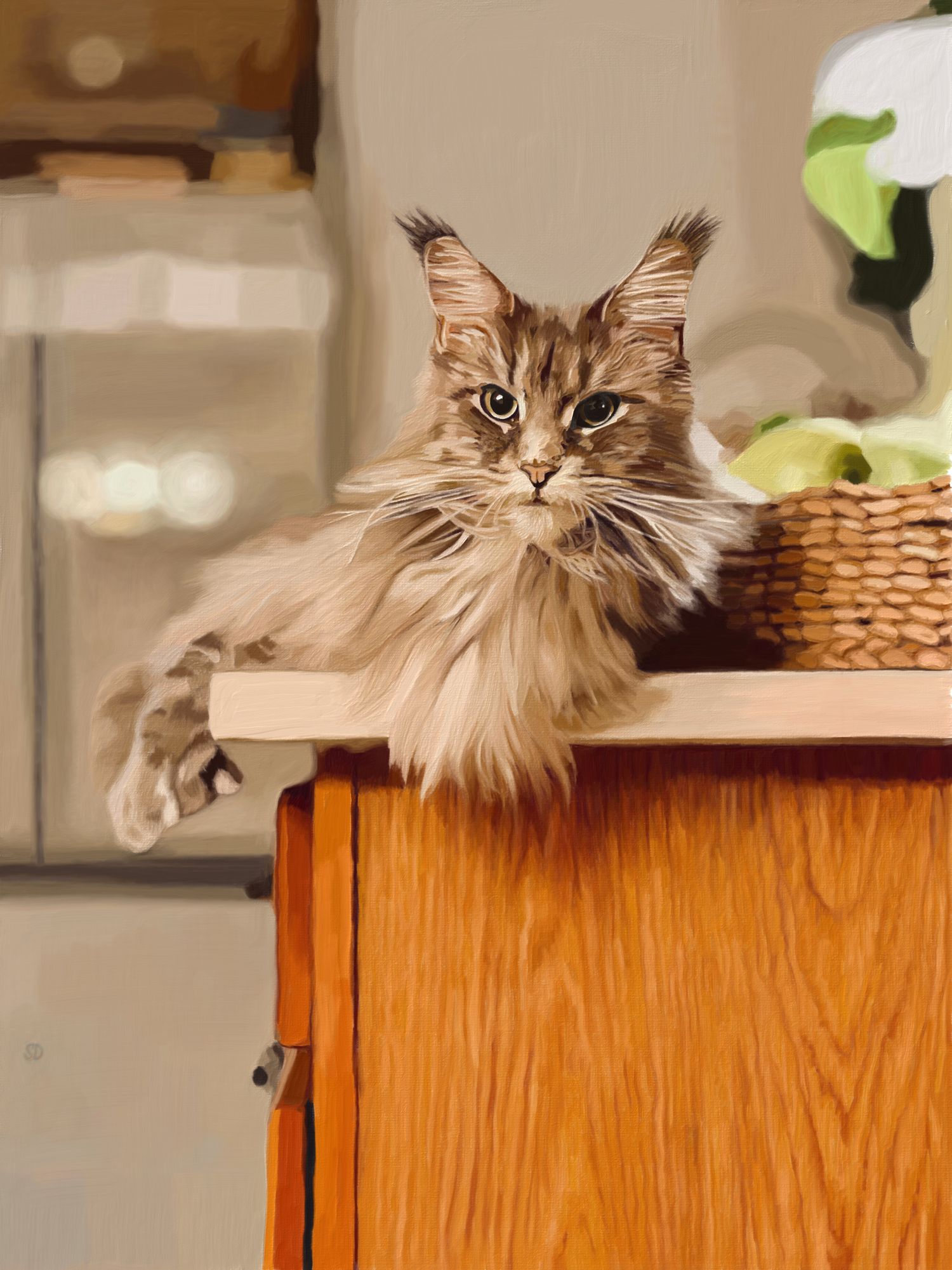 This is a digital painting of a grey Maine Coon cat sitting on a counter.