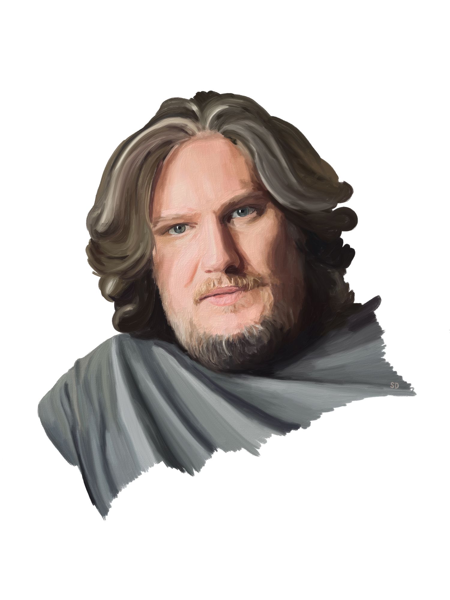 Digital painting of a man with long hair, with grey streaks, looking at the viewer