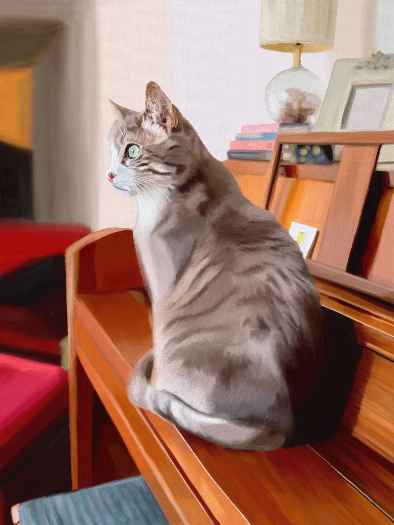 Digital painting of grey cat sitting on a piano looking off in the distance.