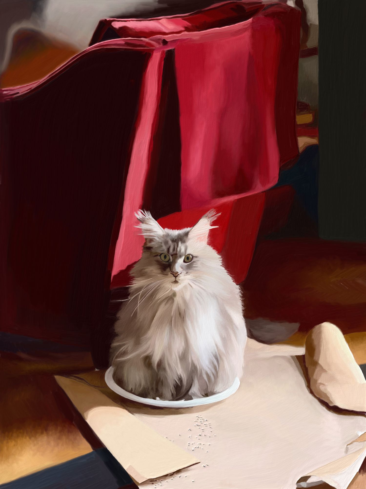 This is a digital painting of a grey Maine Coon cat sitting on a white plate in front of a burgundy colored chair