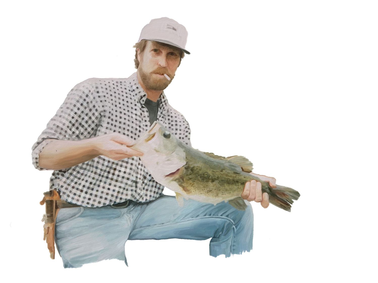 Digital painting of a man in a baseball cap holding a fish in his hands and a cigarette in his mouth.