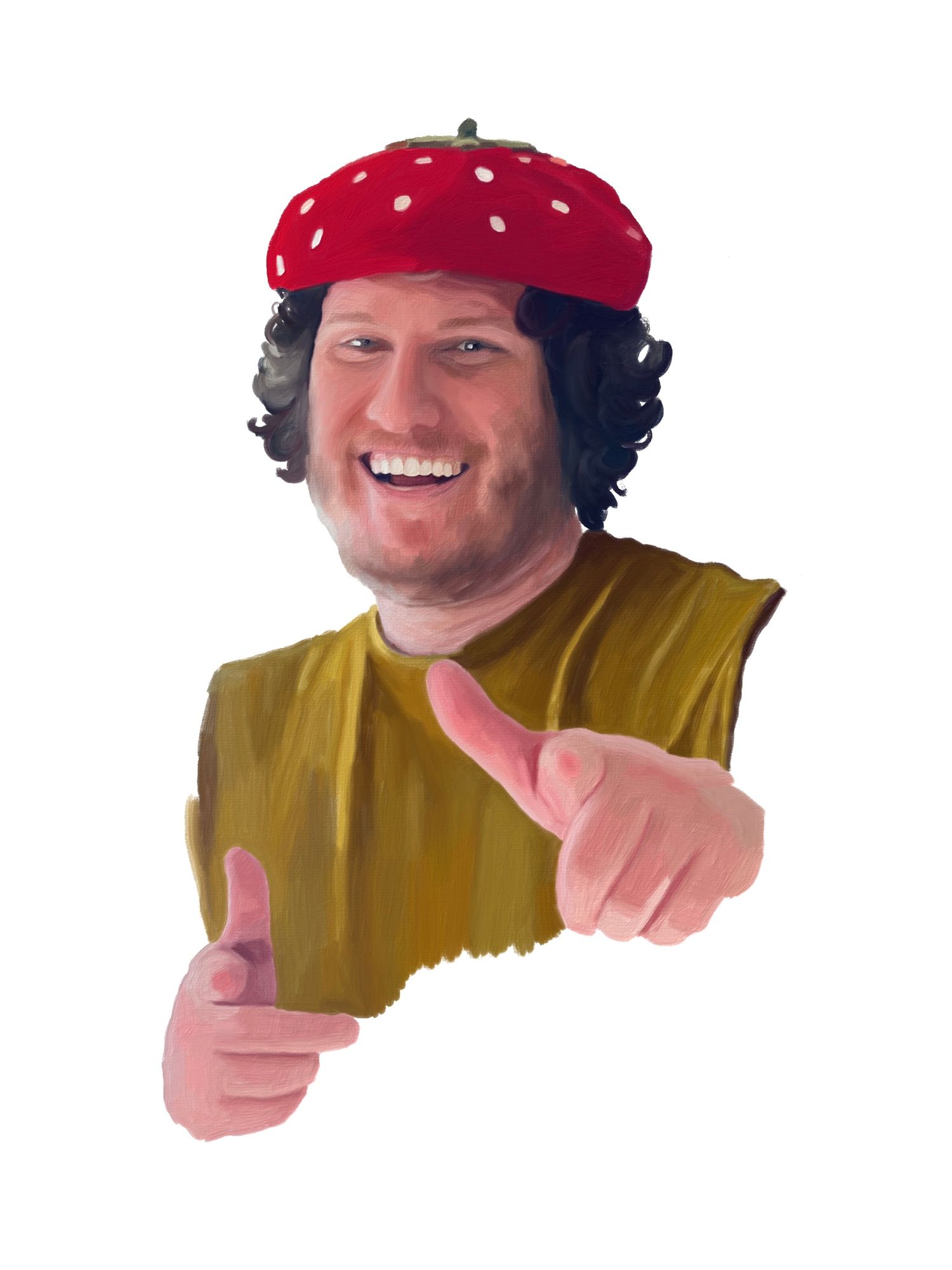Digital painting of a man wearing a strawberry beret while smiling and pointing at the viewer.