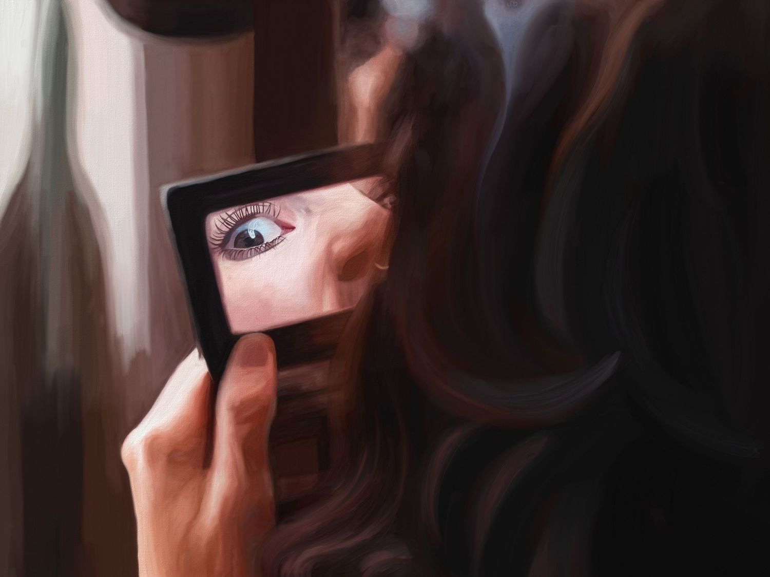 Digital painting of a young lady looking at the viewer through a mirror she is holding in her hands.