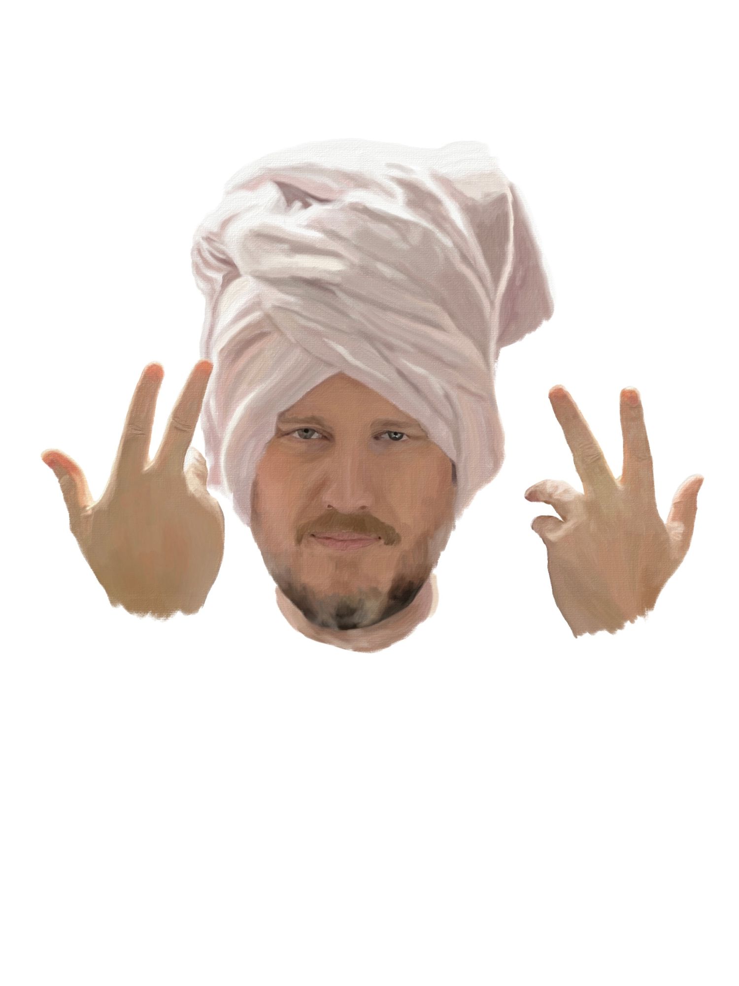 A man with his hair wrapped in a pink towel, holding his hands up in a show