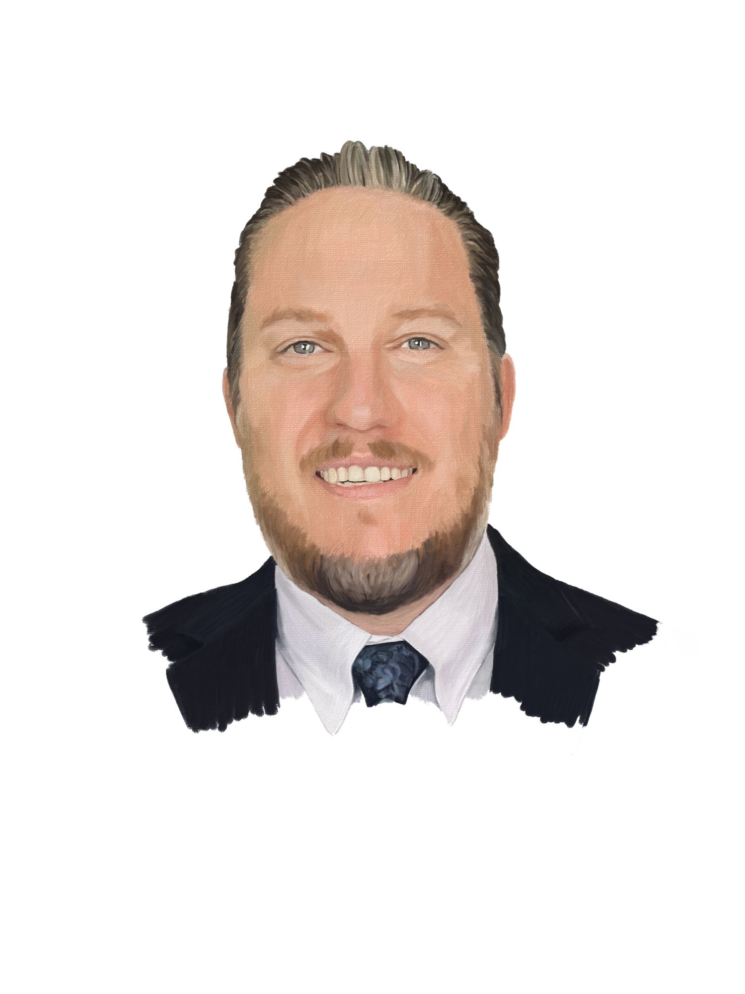 Digital painting of a man wearing a suit and tie, while smiling at the viewer.