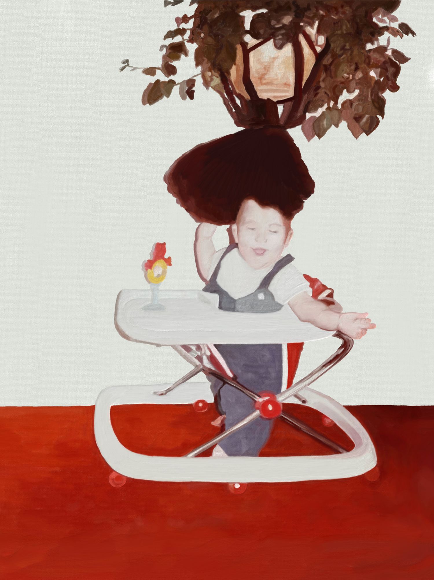 Digital painting of a baby in a walker, smiling while holding her head under the fluff from a plant holder popular in the 1980's.