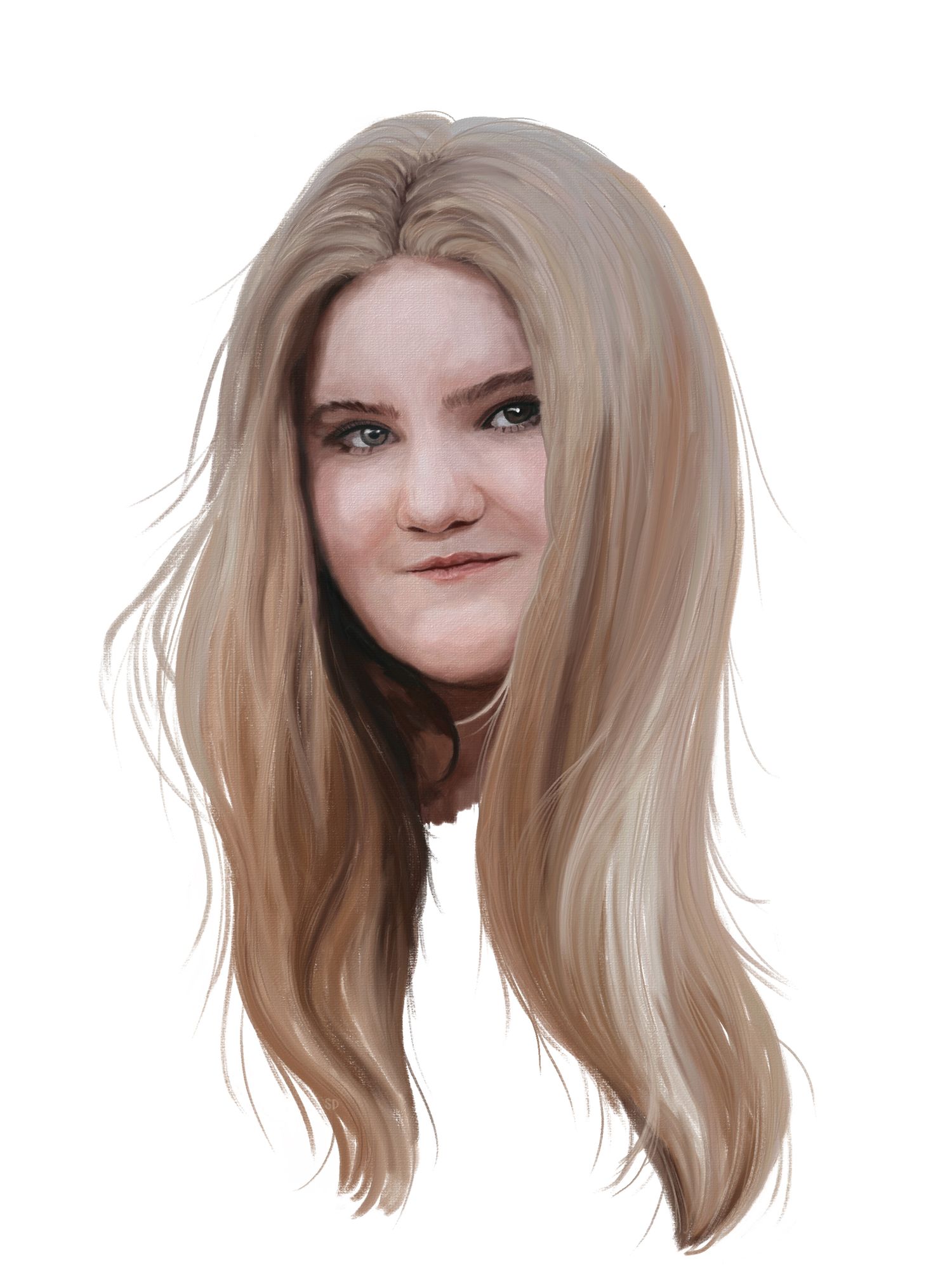 Digital painting of a young lady with long blond hair who is looking at the viewer.