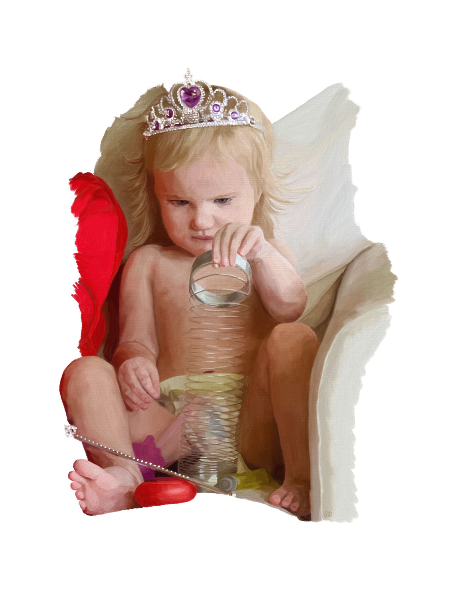 Digital painting of a young blonde girl wearing a tiara and playing with a slinky