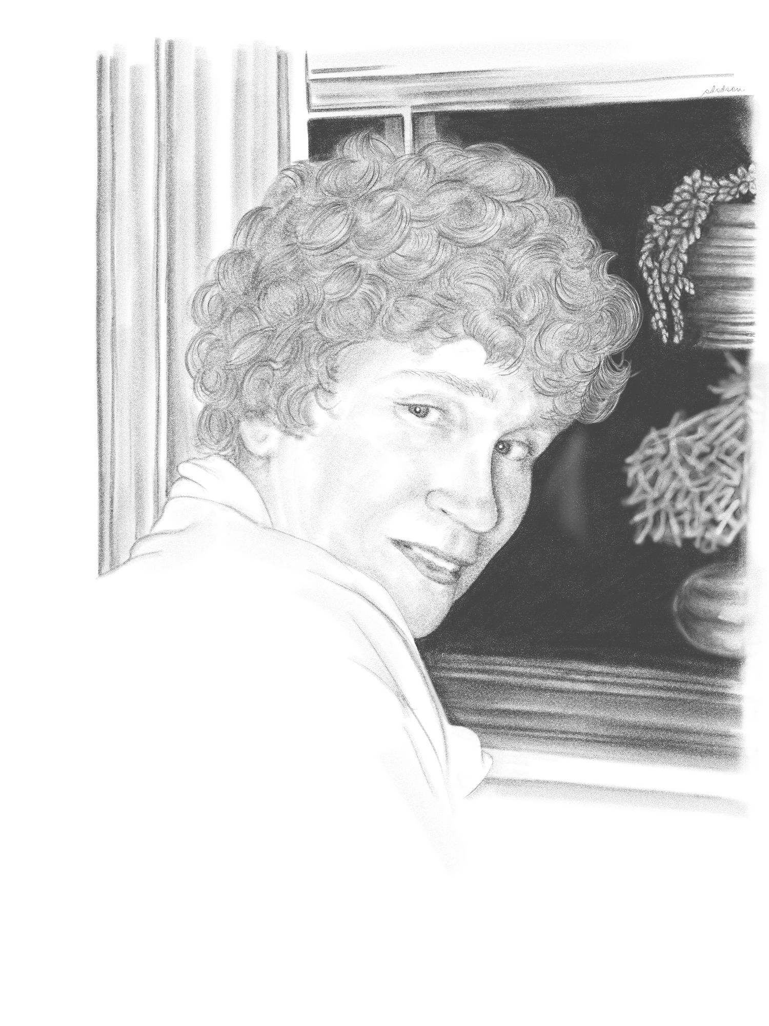 Digital drawing of a woman with curly hair looking back at the viewer