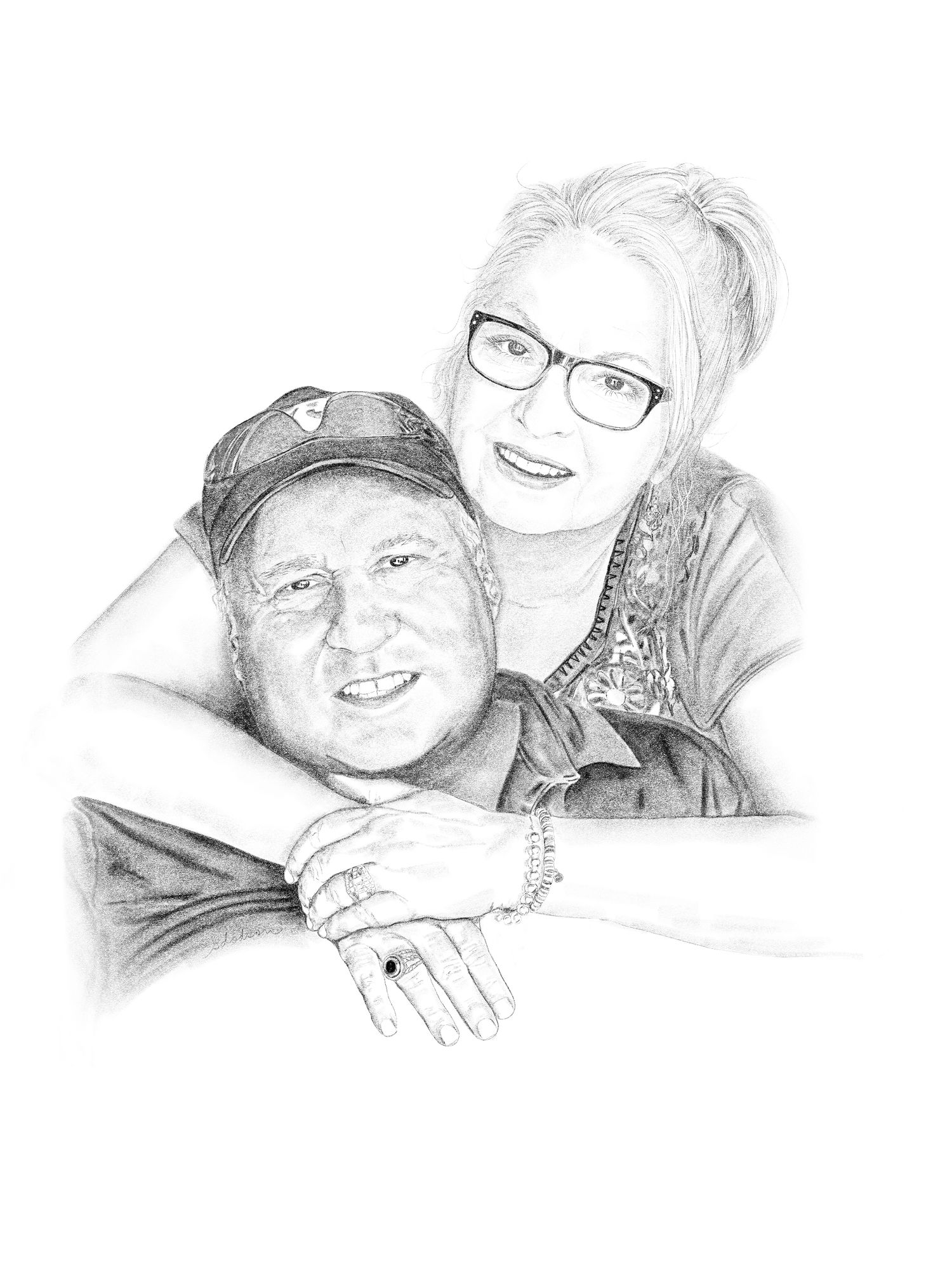 Digital drawing of a man with a woman holding him in her arms