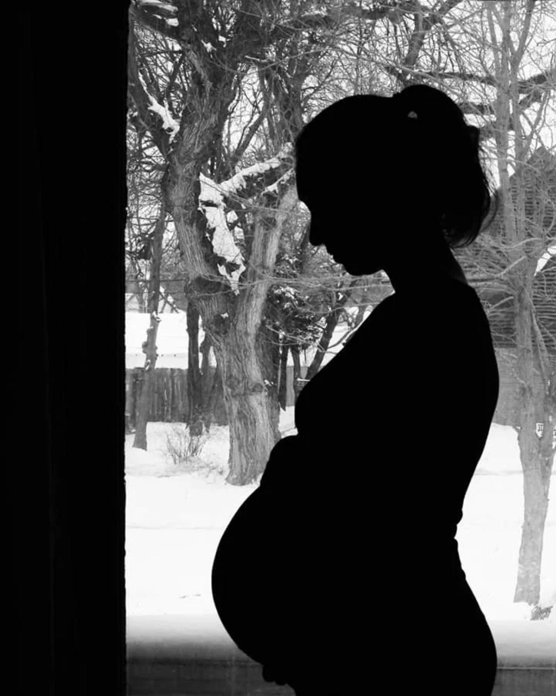 Silhouette of pregnant woman standing by window in snowy winter scene.