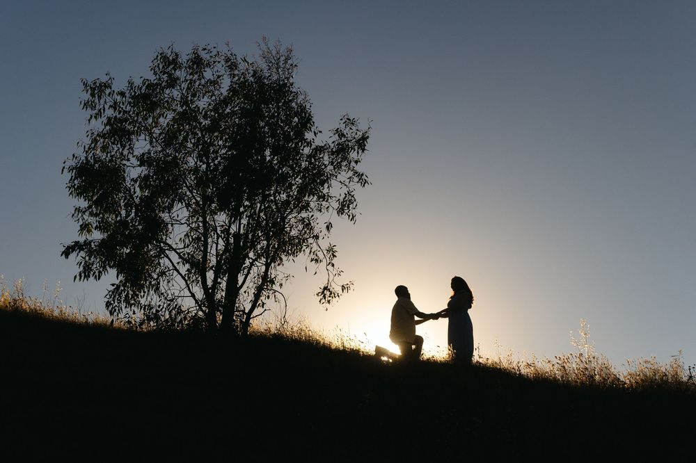 Silhouette of couple holding hands on a hill at sunset with a tree backdrop.
