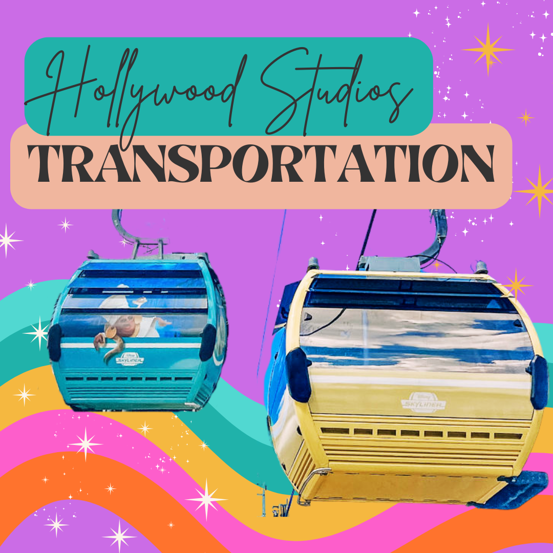 Disney Skyliner gondolas in blue and yellow shown against colorful gradient background.