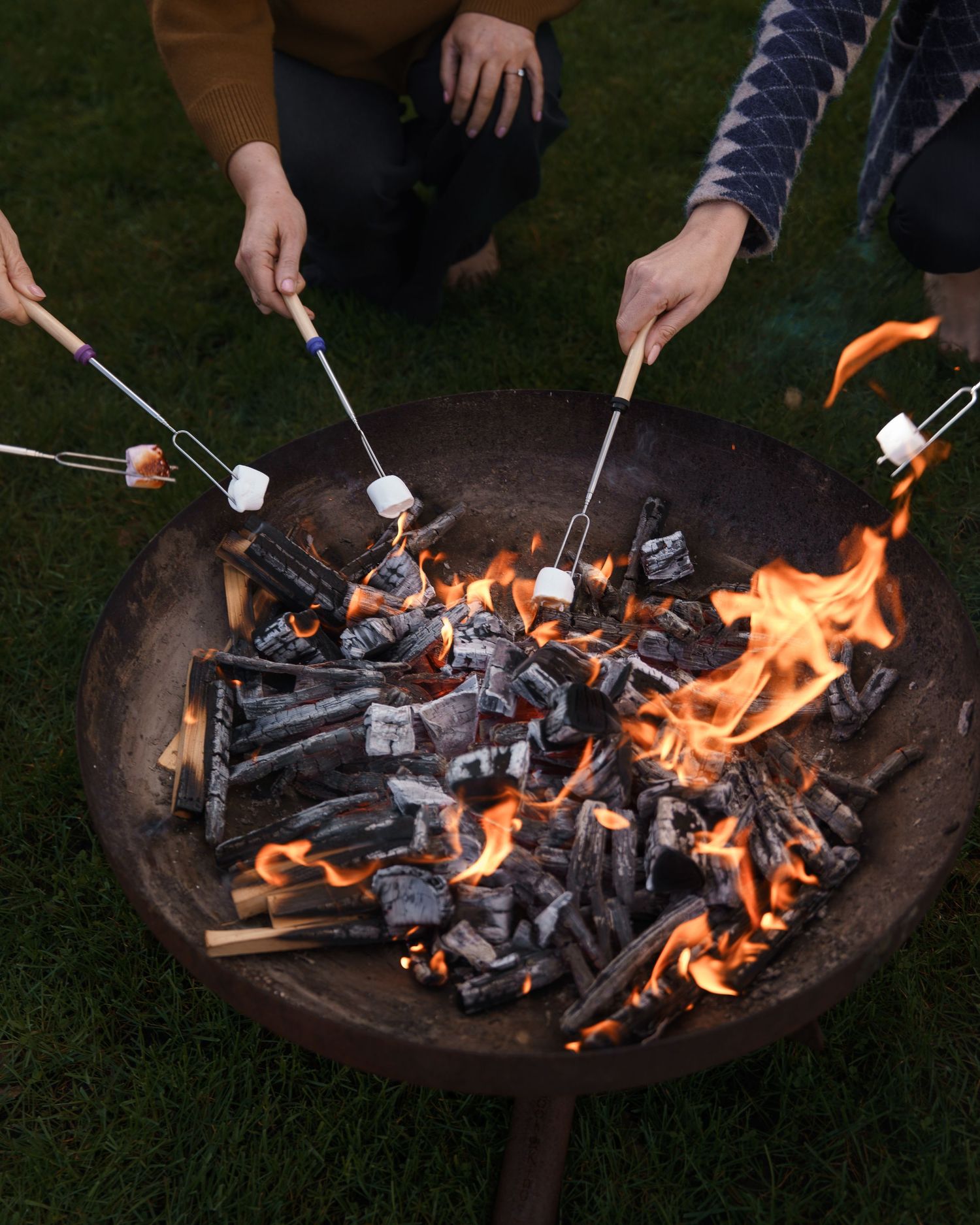 People roasting marshmallows on sticks over a glowing fire pit with burning charcoal outdoors on green grass.