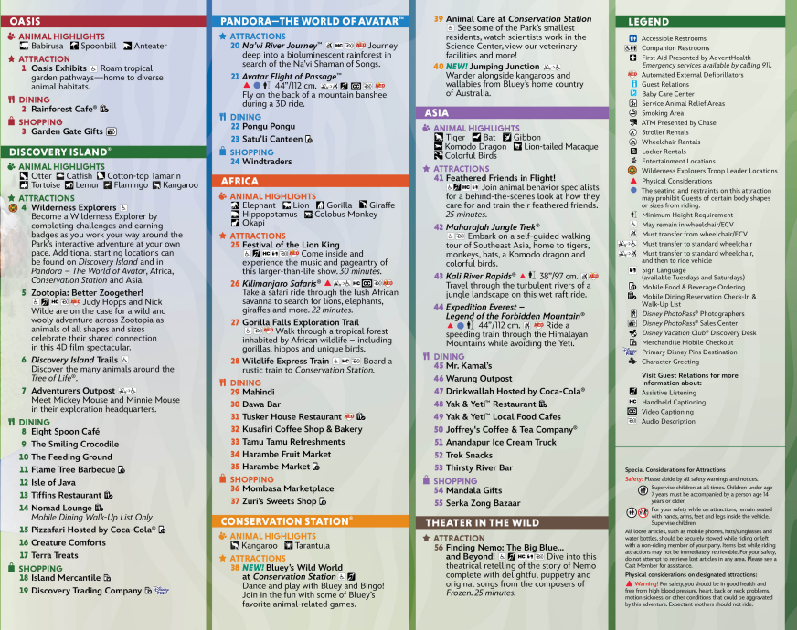 Detailed park attraction guide showing multiple columns of rides and activities.