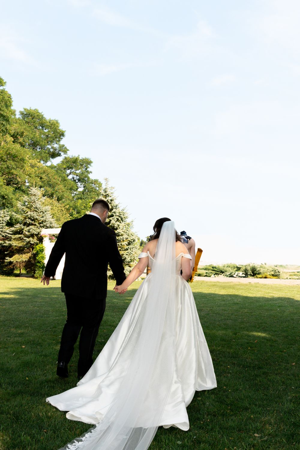 Bride and groom walking hand in hand across green lawn, bride wearing white gown with veil, groom in black suit.