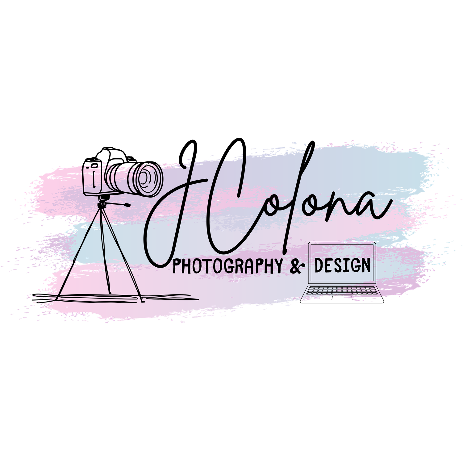 JColona Photography logo with elegant script and bold text on a pastel pink and blue watercolor brush stroke background.