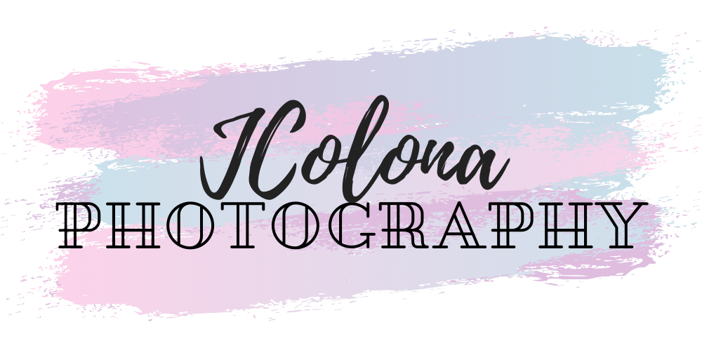 JColona Photography logo with elegant script and block lettering on a pastel pink and blue watercolor brush stroke background.