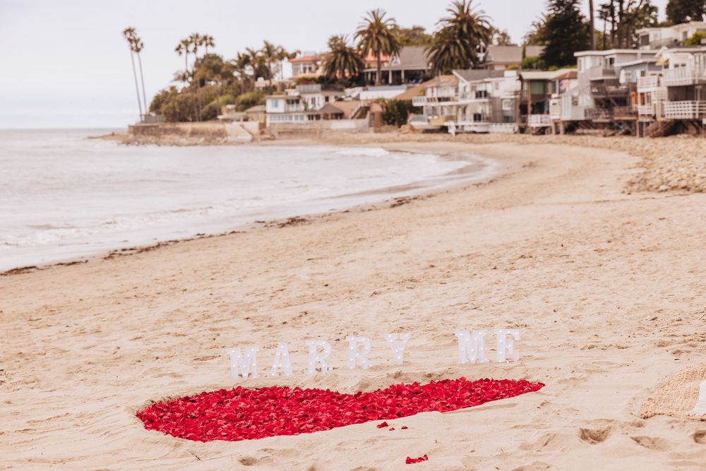 Red rose petals form a heart with MARRY ME sign on a sandy beach with coastal homes and palm trees in background.