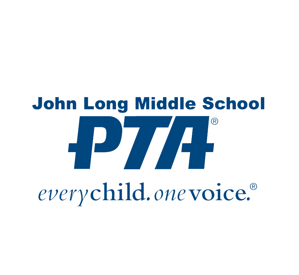 John Long Middle School PTA logo featuring blue text and their tagline 'every child. one voice.' on white background.