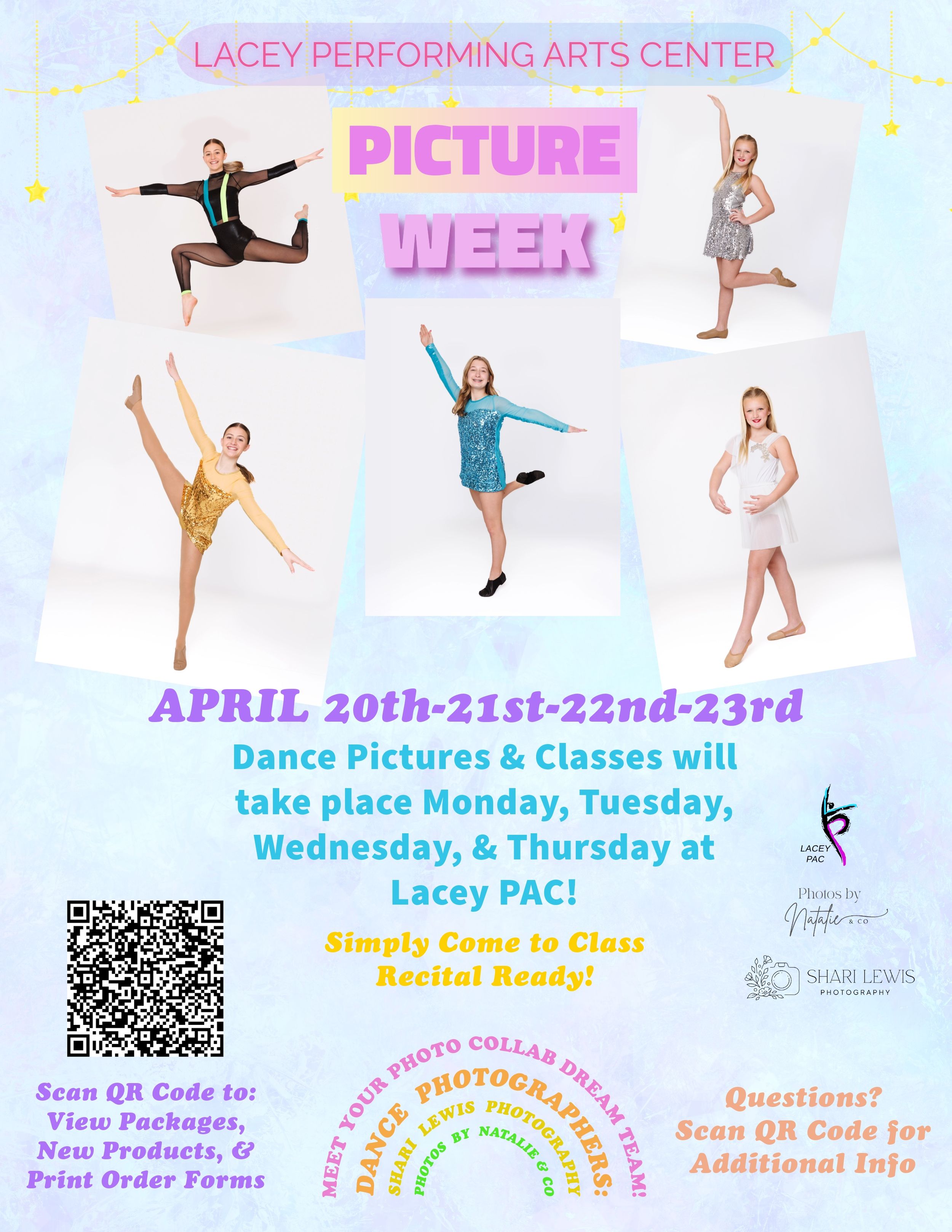A dance studio advertisement poster featuring silhouettes of dancers and information about picture week at Lacey PAC.
