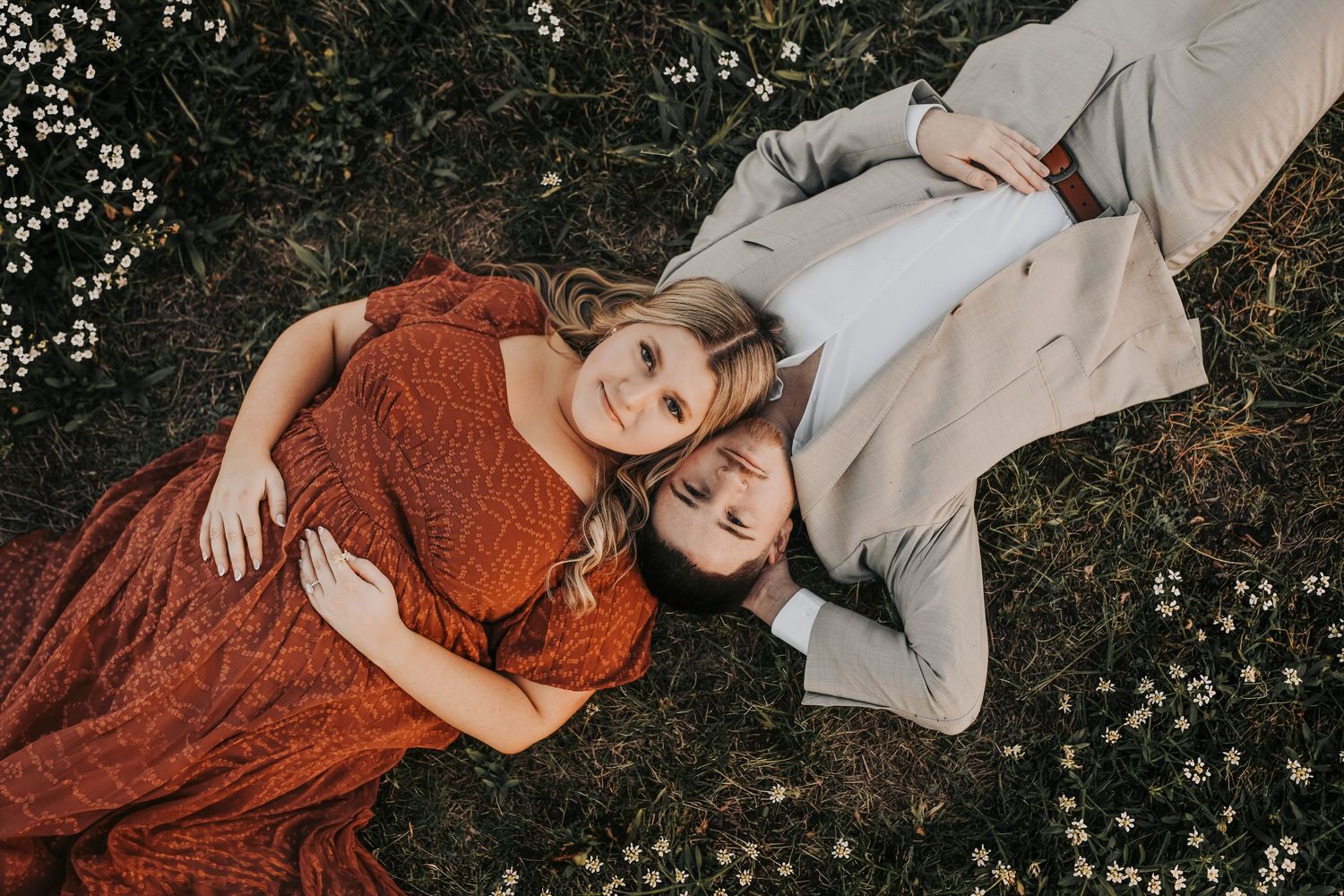 Sunset field engagement photos at Murrell Park Flower Mound.