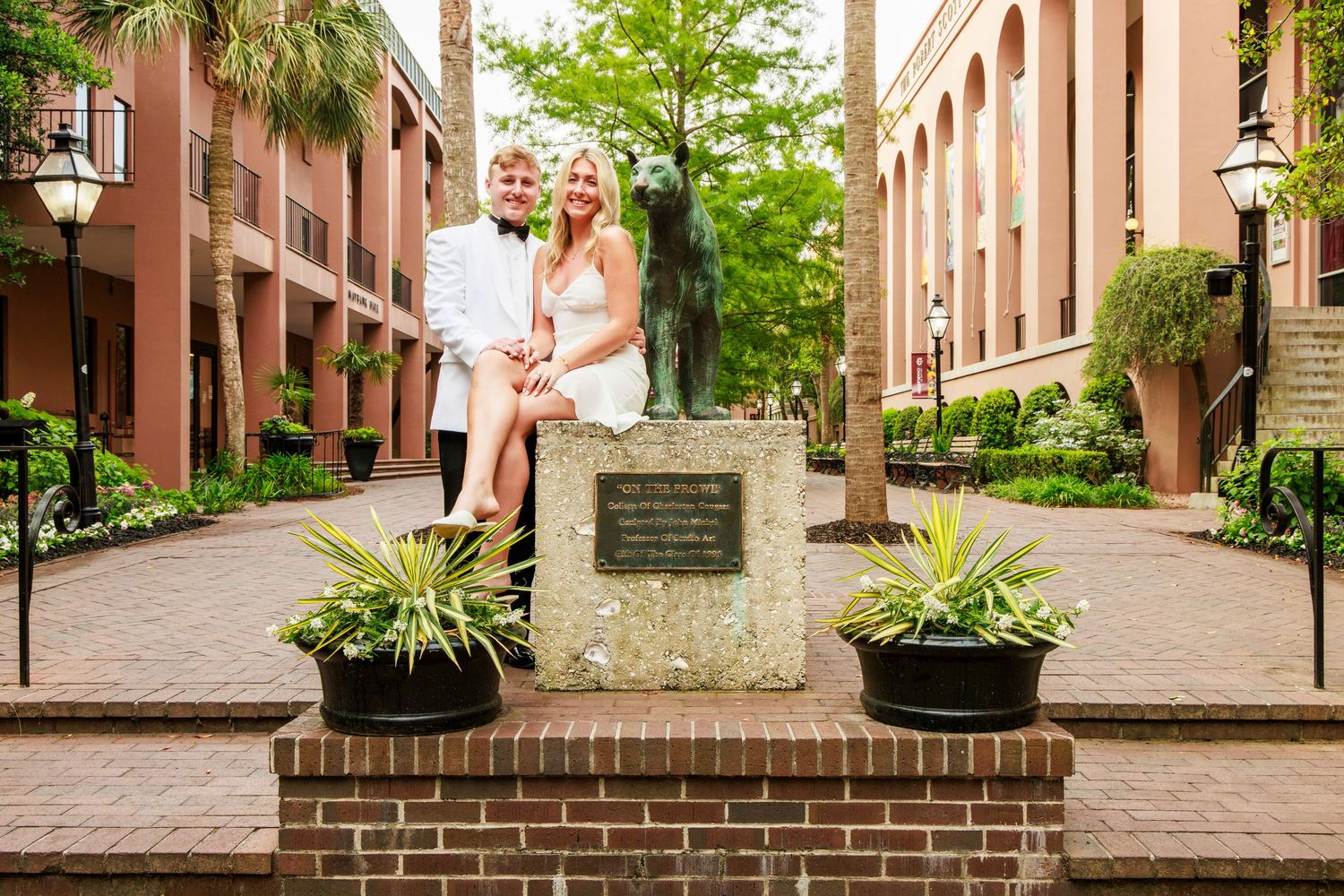 A collection of outdoor family portraits taken in a lush garden setting with Spanish moss draped trees.