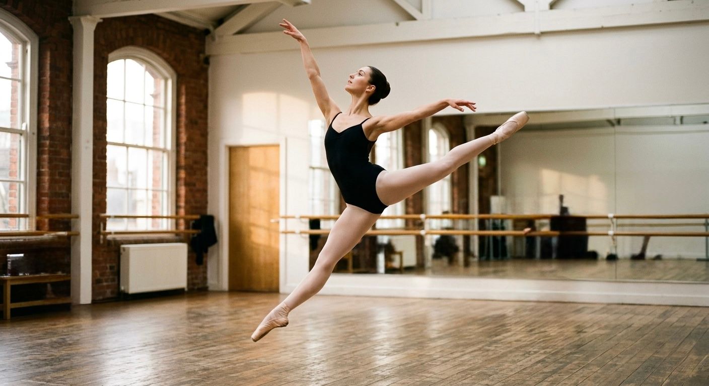 Professional high-speed dance photography; technical leap captured with precision by Flash Exposure Fotography.