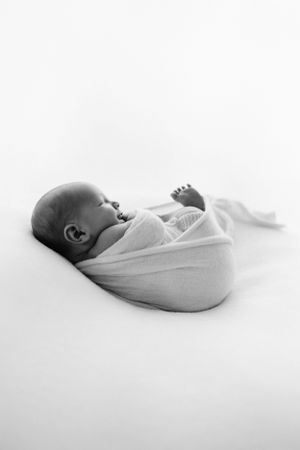 A minimalist black and white portrait of a swaddled sleeping newborn.