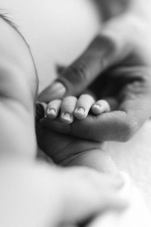A close-up black and white photograph shows a small baby's hand gently resting in an adult's palm.