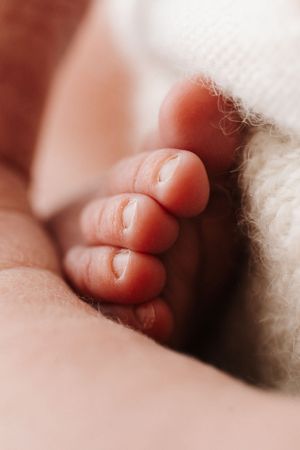 Macro shot of tiny newborn baby toes against soft textured background.