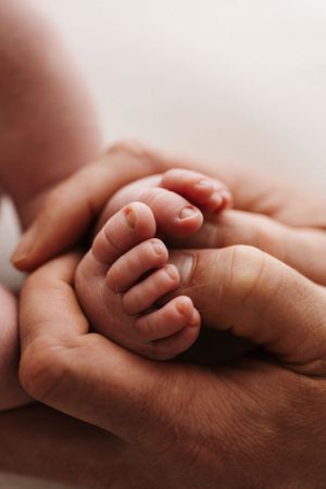 Close-up series of tiny baby hand holding adult finger against soft background.