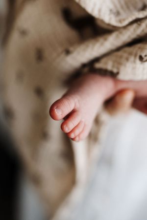 Close-up series of tiny baby toes against soft beige background.