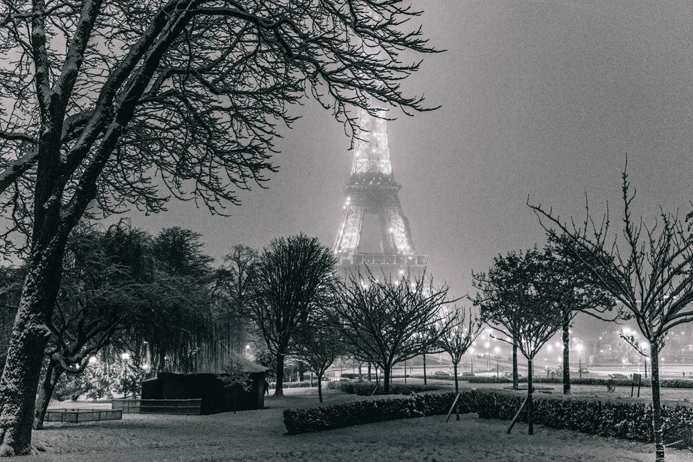 Eiffel Tower glowing through fog on a snowy winter night in Paris, with bare trees and snow-covered ground.