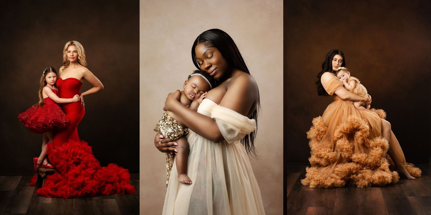 Collection of elegant studio portraits featuring flowing gowns in rich colors against dark backgrounds.
