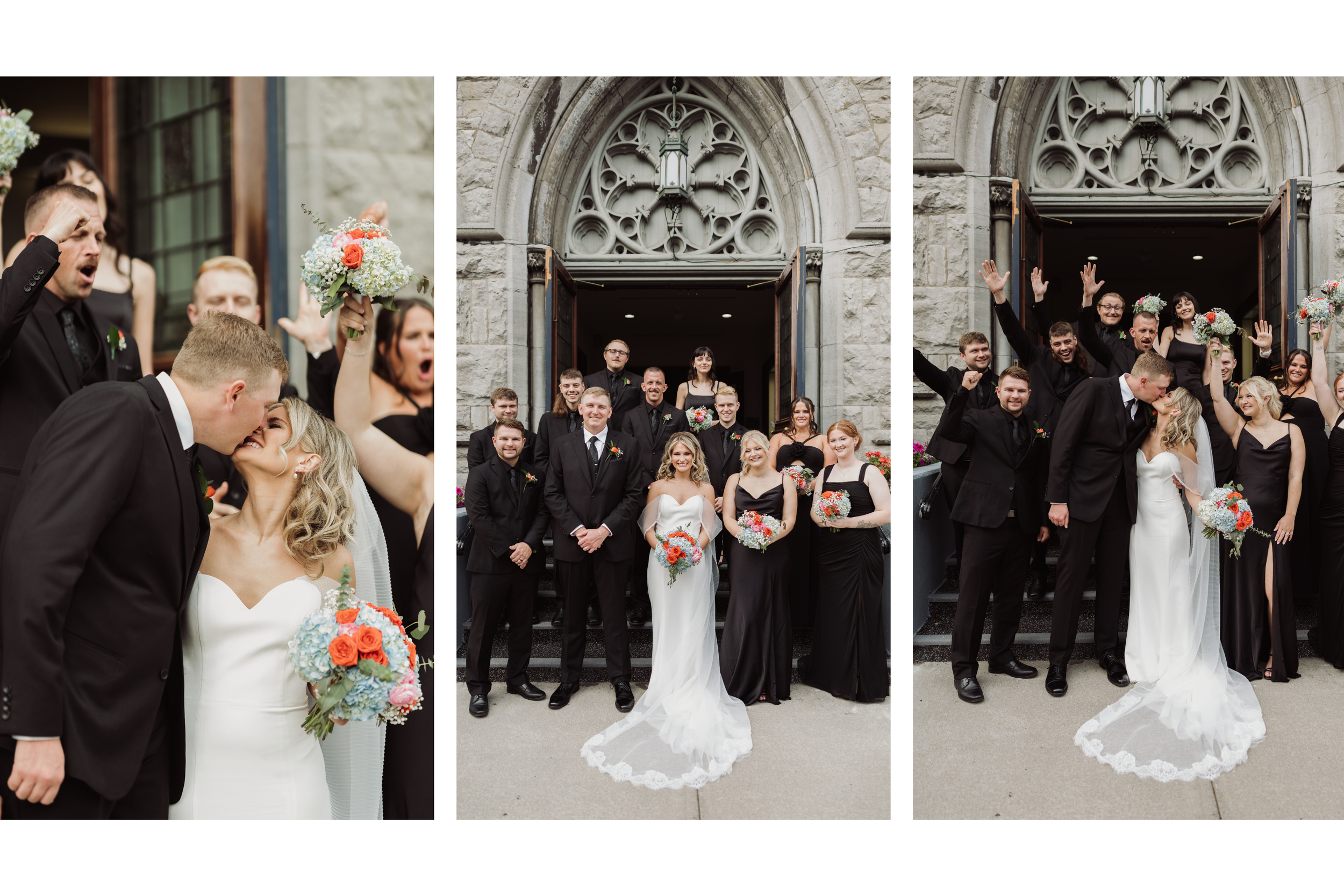 Wedding party celebrating outside St. Mary's Church in Auburn NY