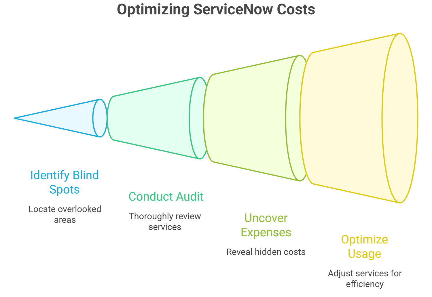 Diagram illustrating four steps to optimize ServiceNow costs: identify blind spots, conduct audit, uncover expenses, and optimize usage.