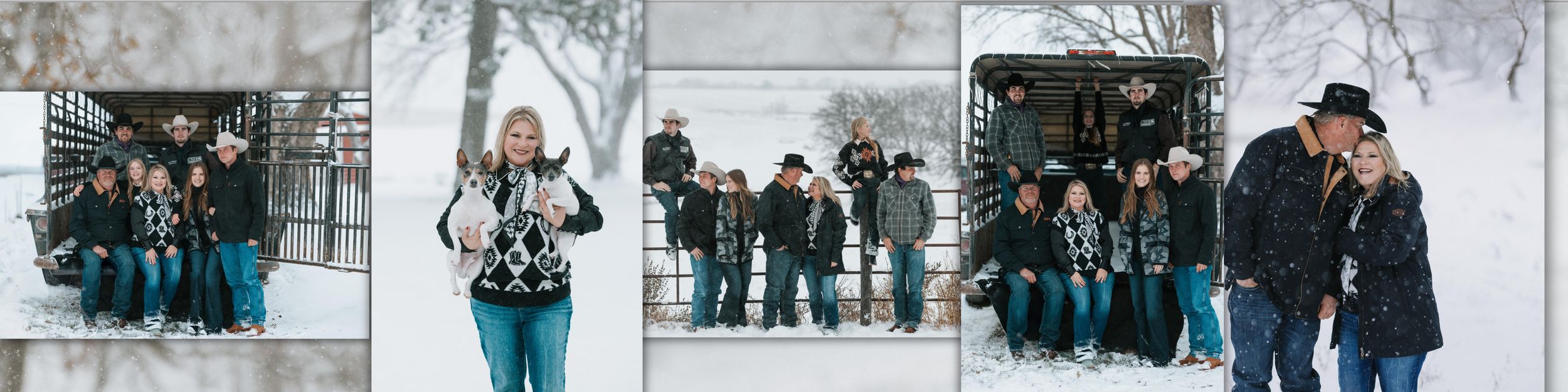 Family posing in snow outside a rustic trailer during a winter photo session in a snowy outdoor setting.