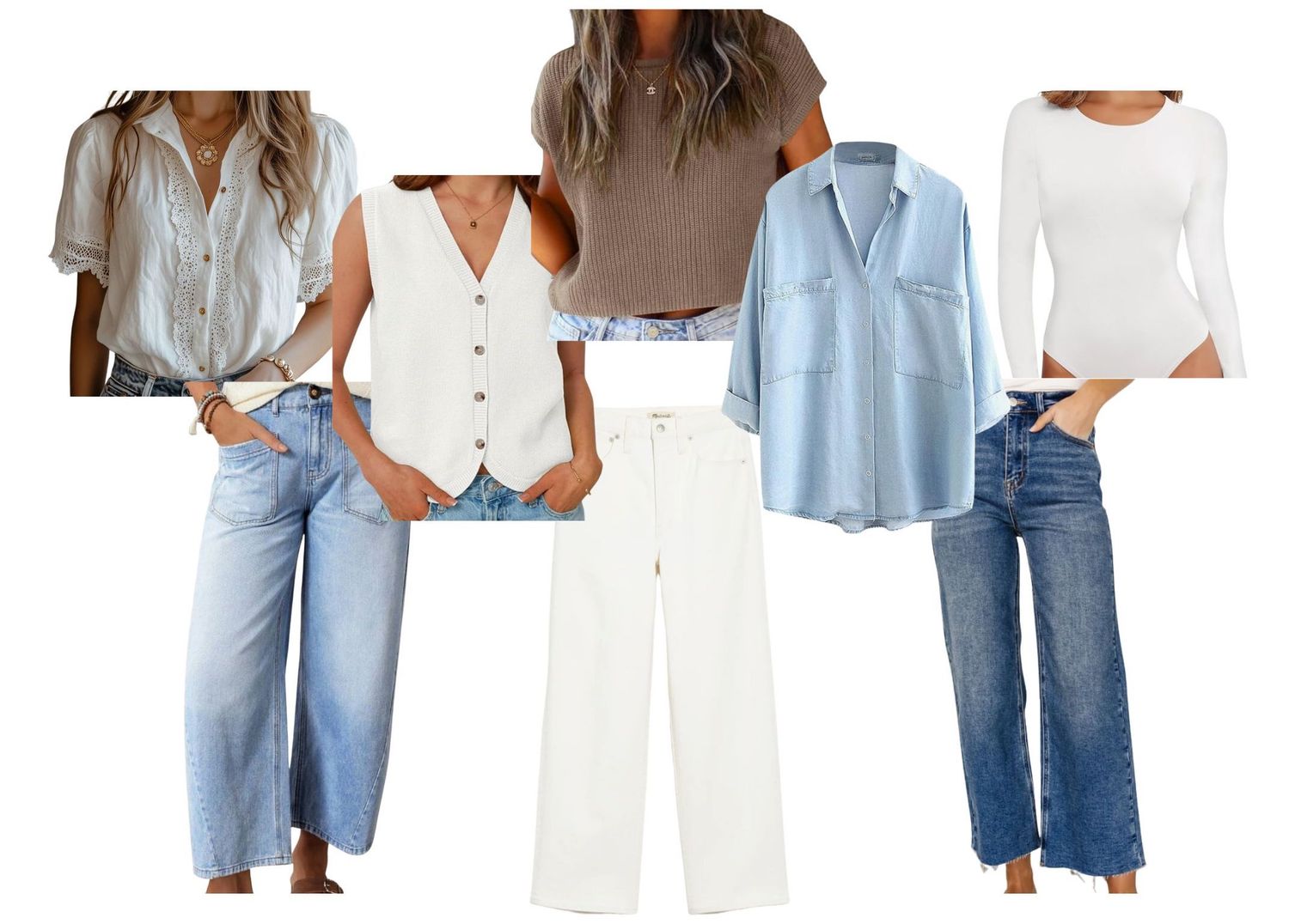 Woman wearing light blue button down shirt with light wash denim jeans in casual summer outfit.