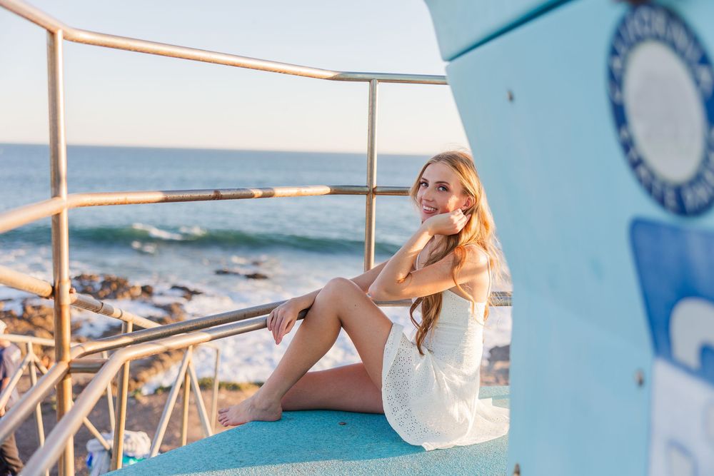 A sequence of beachside photos featuring someone relaxing on wooden deck chairs with ocean views.