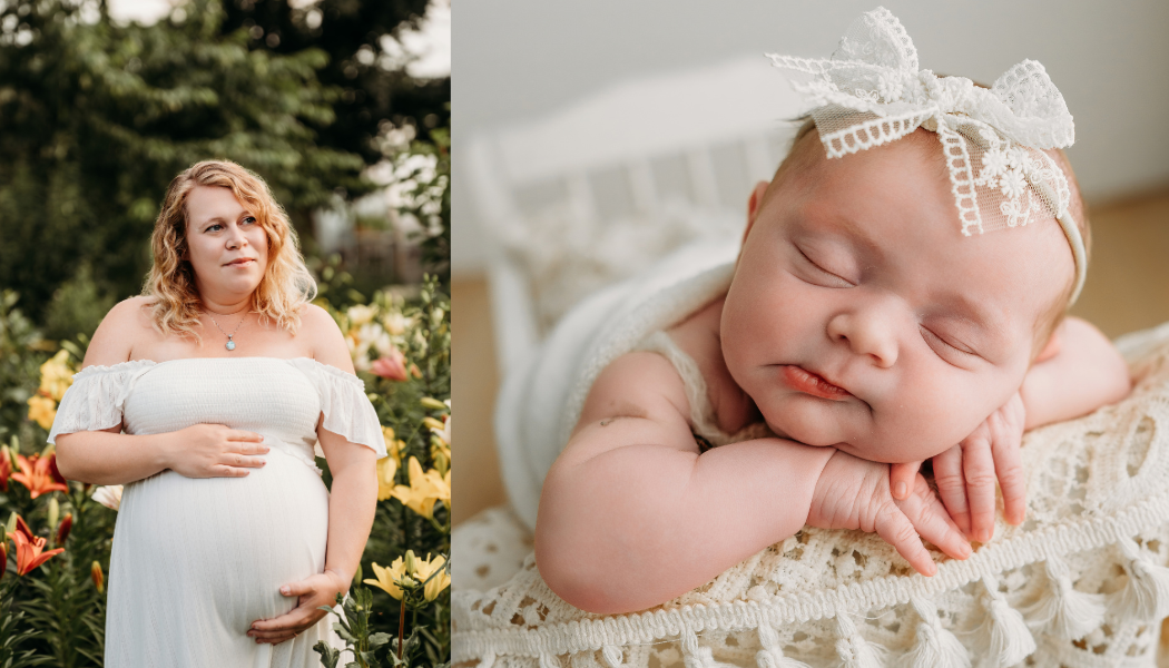 A collage of maternity and newborn photography showing intimate moments and delicate details in soft, natural light.