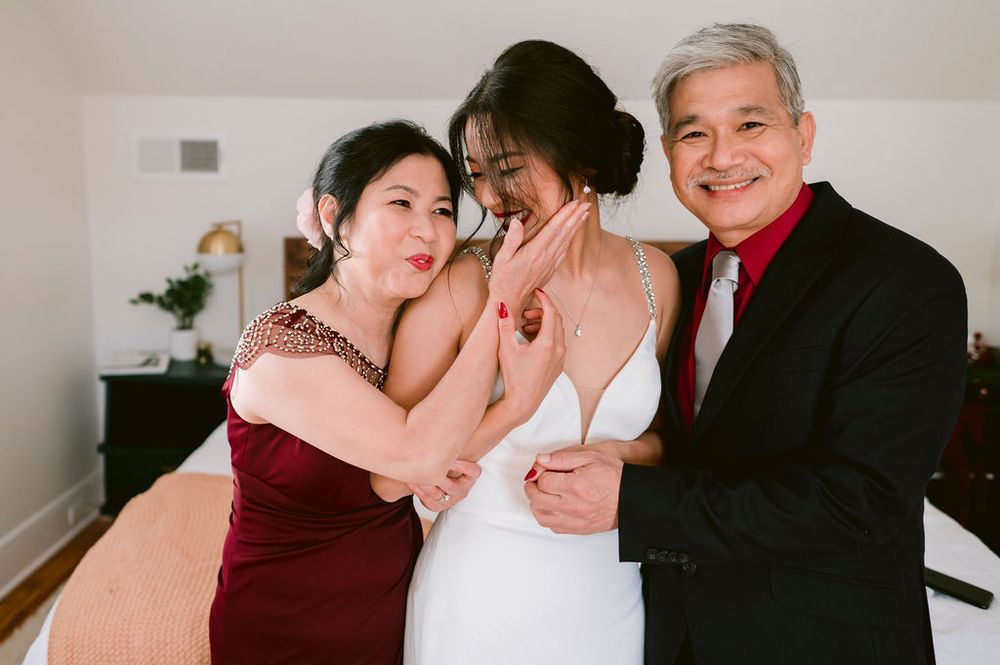 A romantic wedding photo collage showing intimate moments between couples in formal attire and burgundy accents.