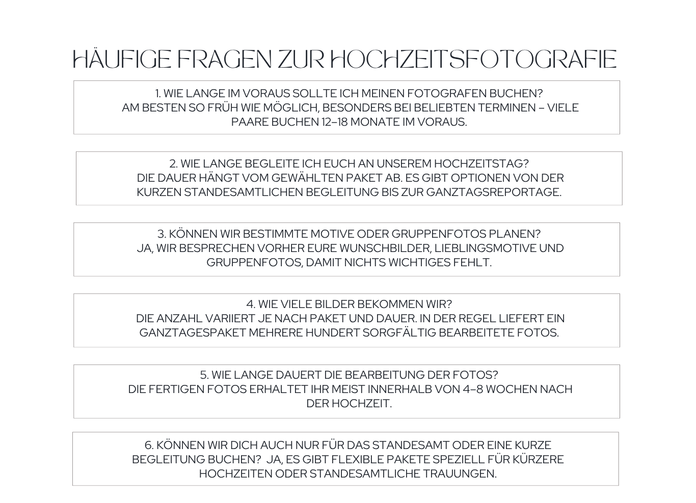 FAQ section about wedding photography in German, covering booking timelines, accompaniment options, and photo delivery details.