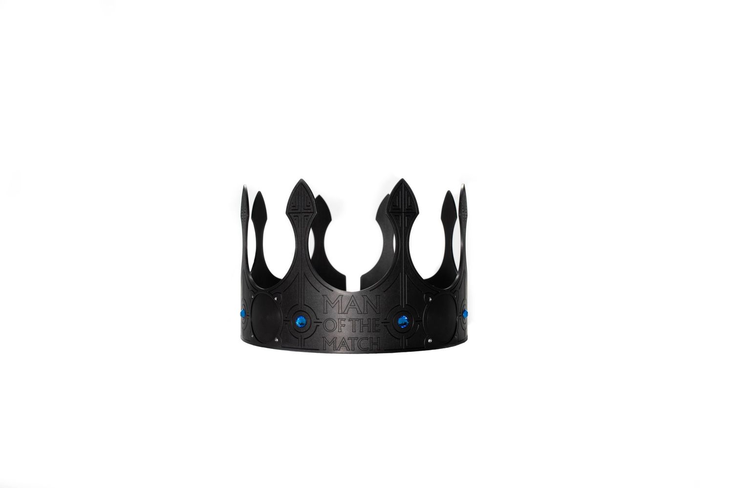 Black royal crown with blue gemstone accents on white background, Charlotte FC themed merchandise.